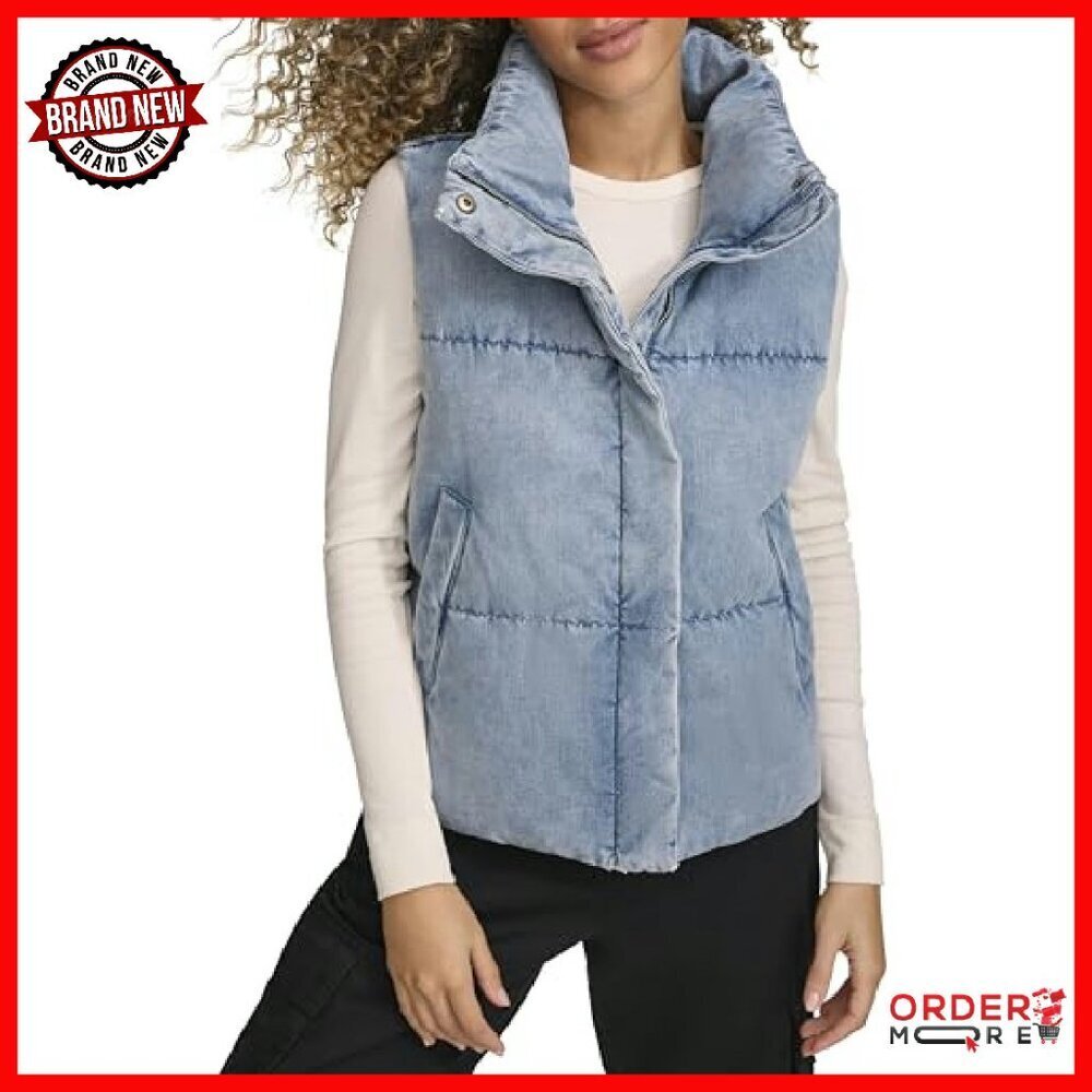 Vegan Leather Quilted Puffer Jacket, Cropped Denim Vest, Women's Sizes - Picture 2 of 6